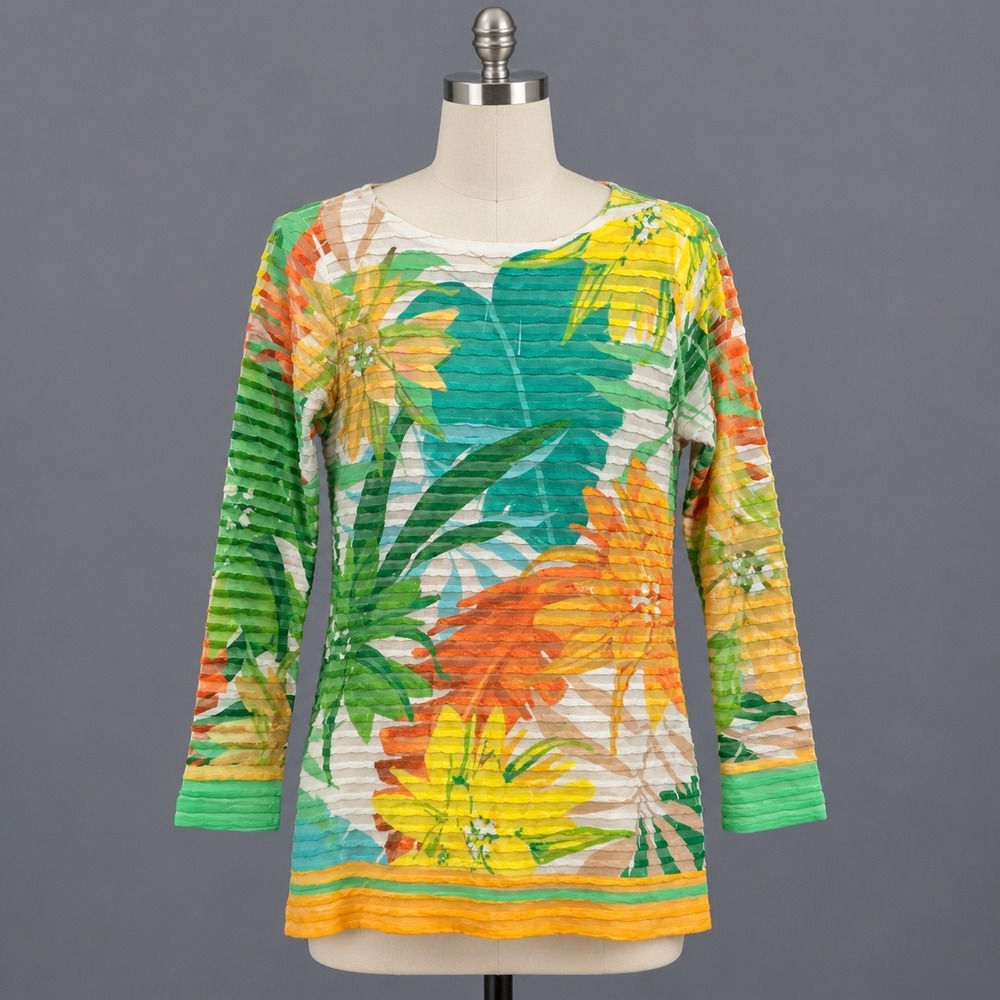 Soft Surroundings Top Women's M Tropical Floral Pleated 3/4 Sleeve Made in USA